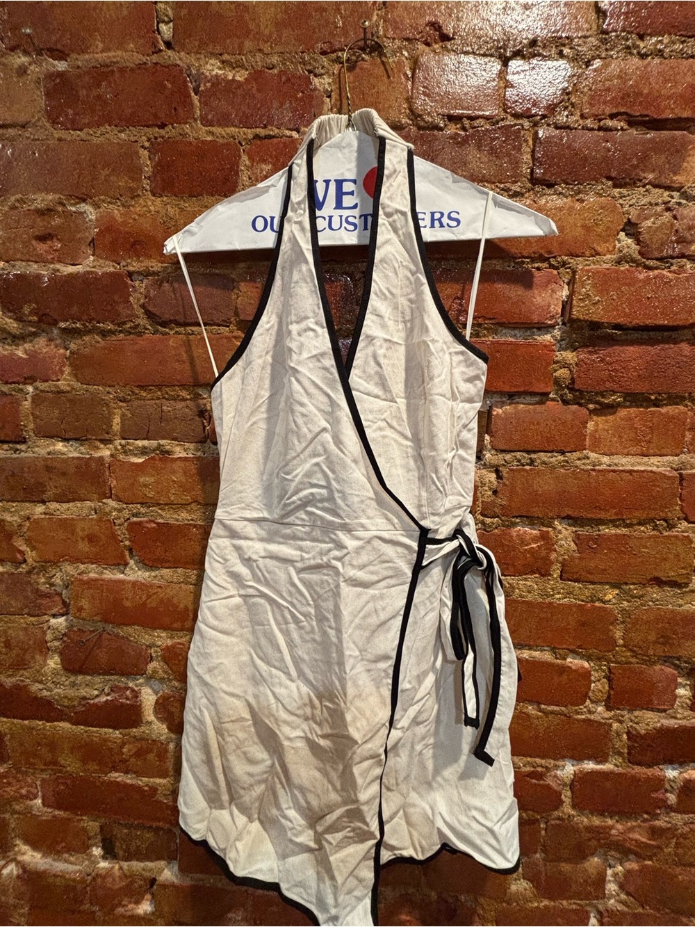Cream Wrap Halter Dress with Black Trim